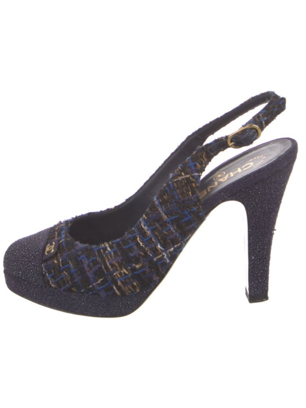 CHANEL 2011 Collection Navy and Gold Tweed Slingback Pumps